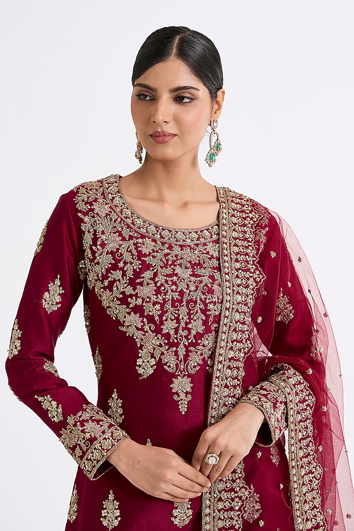 Wine Chanderi Silk Zardosi Embroidered Bridal Sharara Set by Kalighata at Pernia's Pop Up Shop