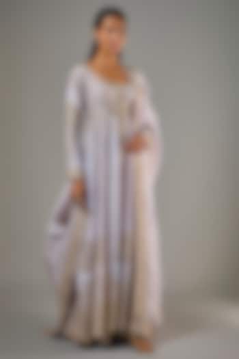 Onion Pink Tissue Hand & Machine Embroidered Wedding Anarkali Set by Kalighata at Pernia's Pop Up Shop