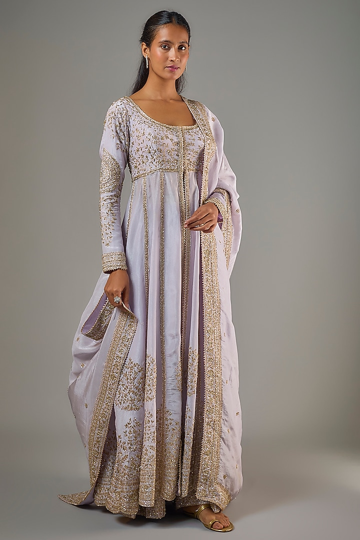 Onion Pink Tissue Hand & Machine Embroidered Wedding Anarkali Set by Kalighata at Pernia's Pop Up Shop