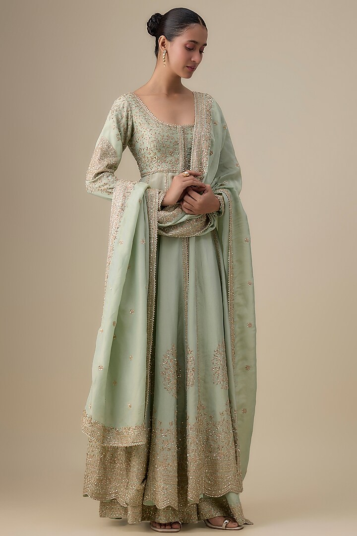 Mint Tissue Aari & Zardosi Embroidered Jacket Kurta Set by Kalighata at Pernia's Pop Up Shop
