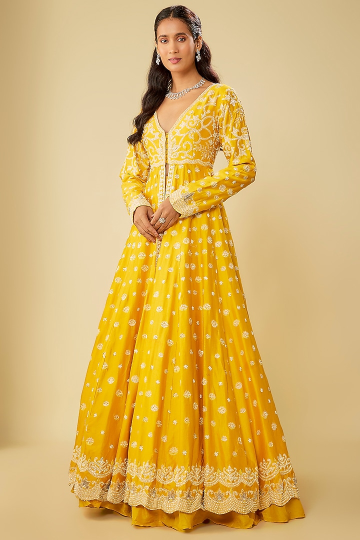 Mustard Chanderi Jacket Wedding Lehenga Set by Kalighata at Pernia's Pop Up Shop