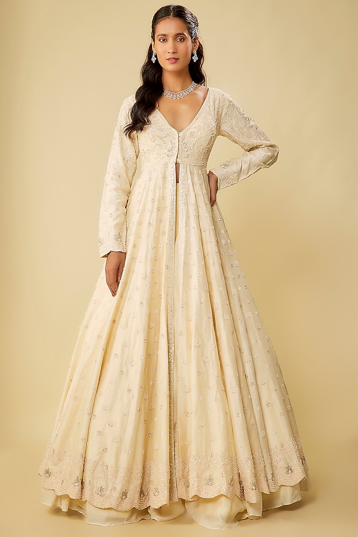 Ivory Chanderi Jacket Wedding Lehenga Set by Kalighata at Pernia's Pop Up Shop