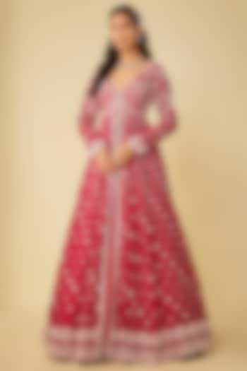 Red Chanderi Jacket Wedding Lehenga Set by Kalighata at Pernia's Pop Up Shop
