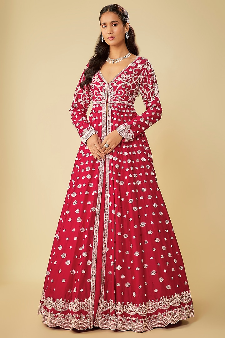 Red Chanderi Jacket Wedding Lehenga Set by Kalighata at Pernia's Pop Up Shop