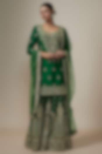 Bottle Green Chanderi Silk Aari & Zardosi Embroidered Sharara Set by Kalighata at Pernia's Pop Up Shop