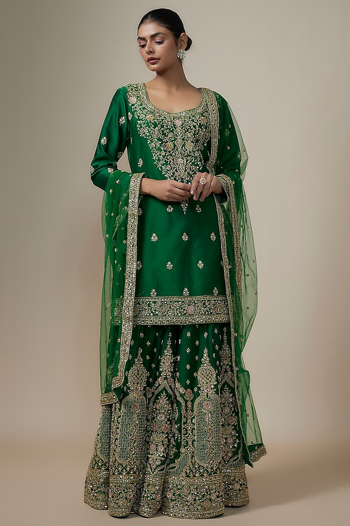 Bottle Green Chanderi Silk Aari & Zardosi Embroidered Sharara Set by Kalighata at Pernia's Pop Up Shop