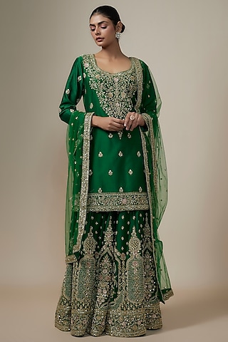 Bottle Green Chanderi Silk Aari & Zardosi Embroidered Sharara Set by Kalighata