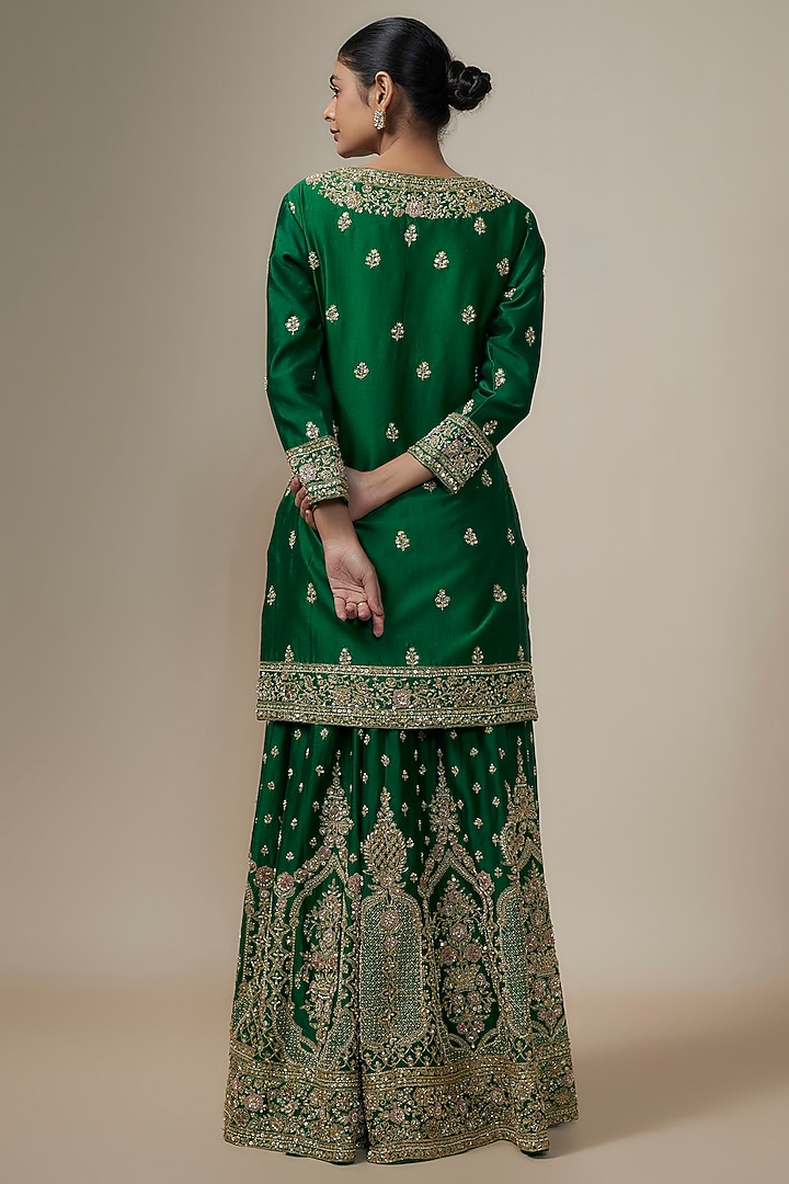 Bottle Green Chanderi Silk Aari & Zardosi Embroidered Bridal Sharara Set by Kalighata at Pernia's Pop Up Shop