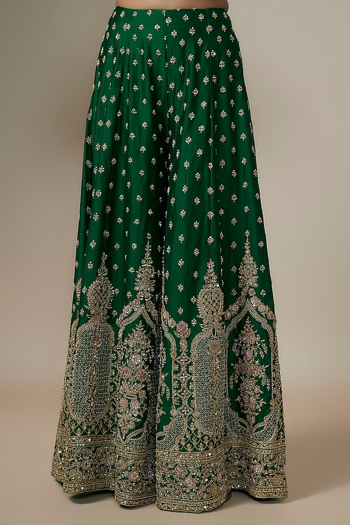 Bottle Green Chanderi Silk Aari & Zardosi Embroidered Bridal Sharara Set by Kalighata at Pernia's Pop Up Shop