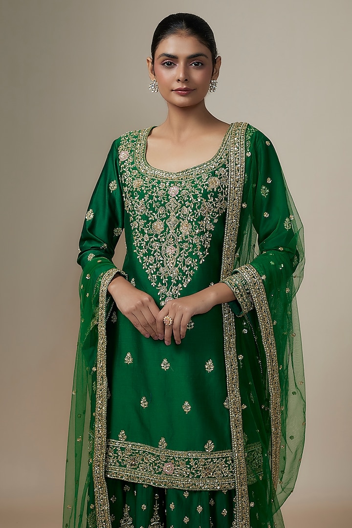 Bottle Green Chanderi Silk Aari & Zardosi Embroidered Bridal Sharara Set by Kalighata at Pernia's Pop Up Shop