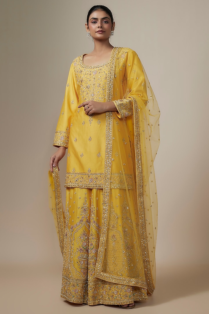 Mustard Chanderi Silk Aari & Zardosi Embroidered Sharara Set by Kalighata at Pernia's Pop Up Shop