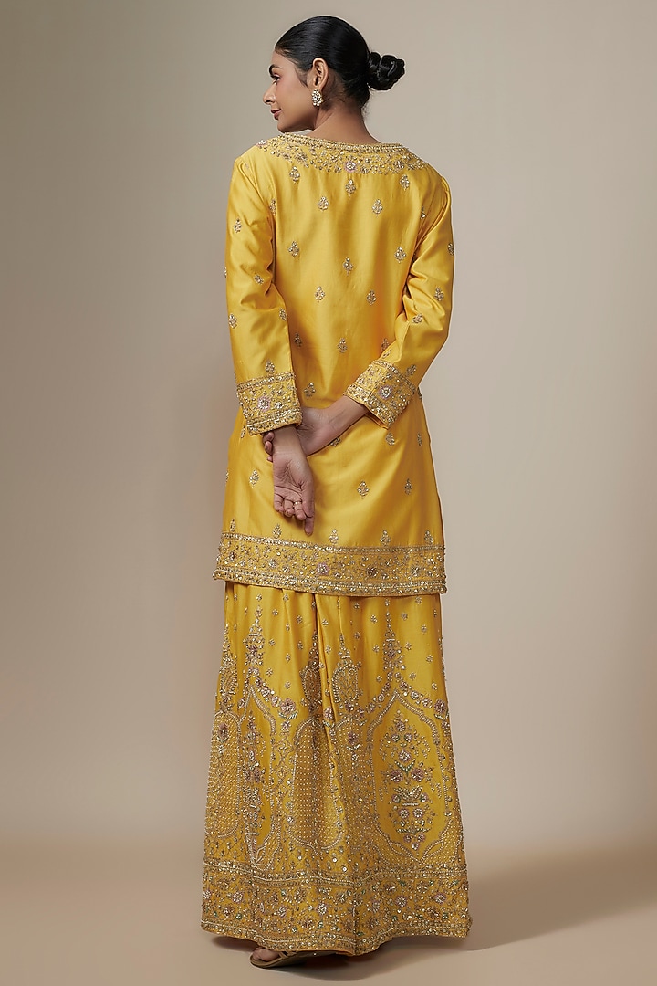 Mustard Chanderi Silk Aari & Zardosi Embroidered Bridal Sharara Set by Kalighata at Pernia's Pop Up Shop