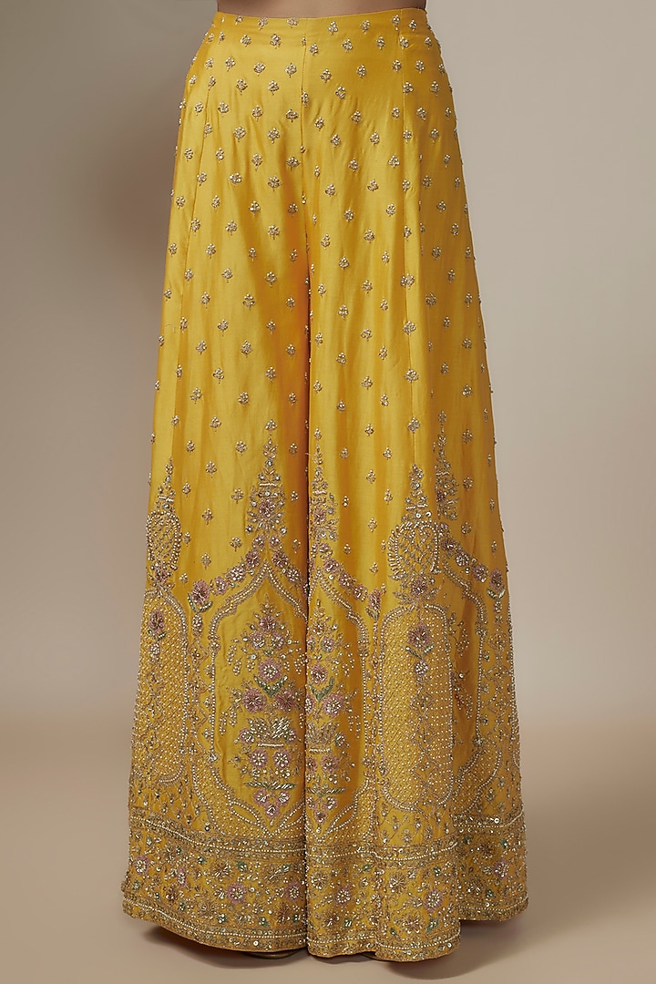 Mustard Chanderi Silk Aari & Zardosi Embroidered Bridal Sharara Set by Kalighata at Pernia's Pop Up Shop