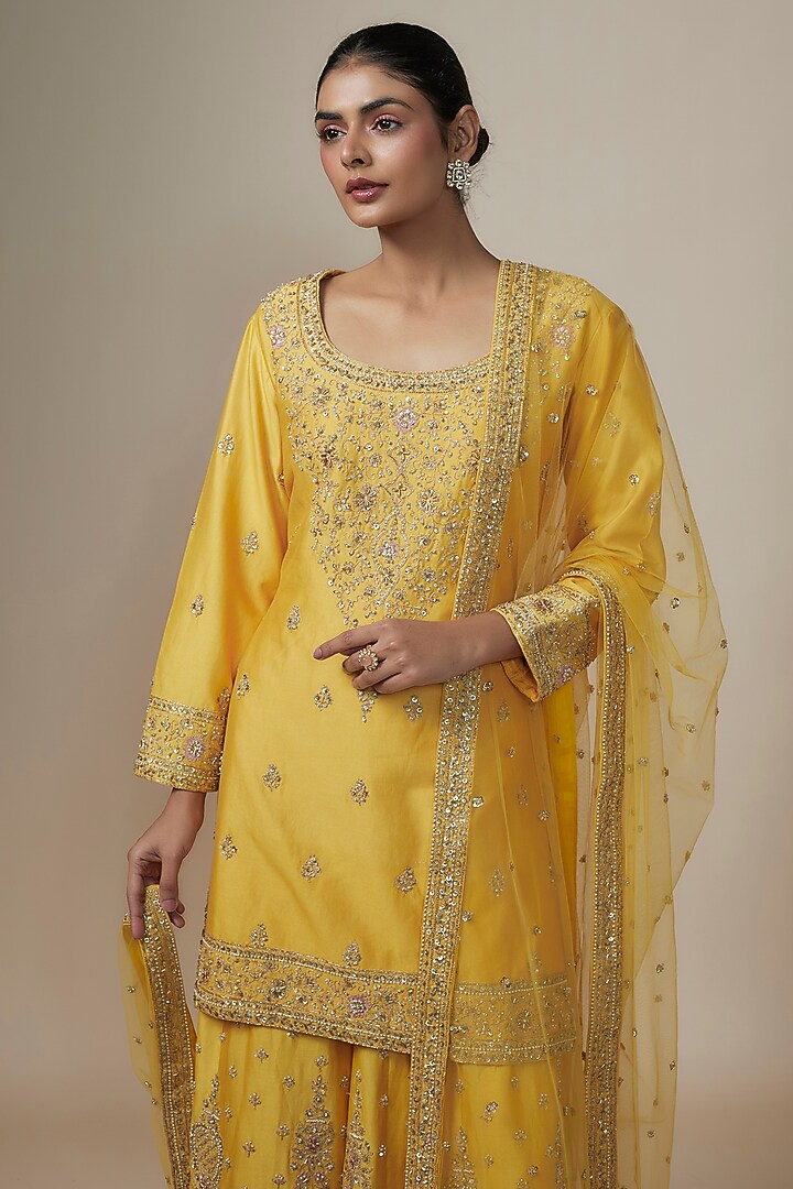 Mustard Chanderi Silk Aari & Zardosi Embroidered Bridal Sharara Set by Kalighata at Pernia's Pop Up Shop