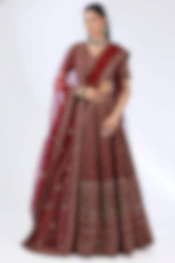 Maroon Raw Silk Zardosi Embellished Bridal Lehenga Set by Kalighata at Pernia's Pop Up Shop