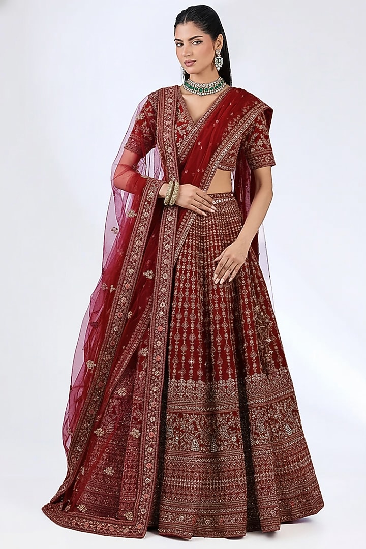 Maroon Raw Silk Zardosi Embellished Bridal Lehenga Set by Kalighata at Pernia's Pop Up Shop