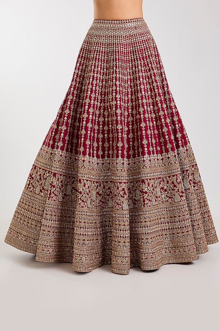 Maroon Raw Silk Zardosi Embellished Bridal Lehenga Set by Kalighata at Pernia's Pop Up Shop