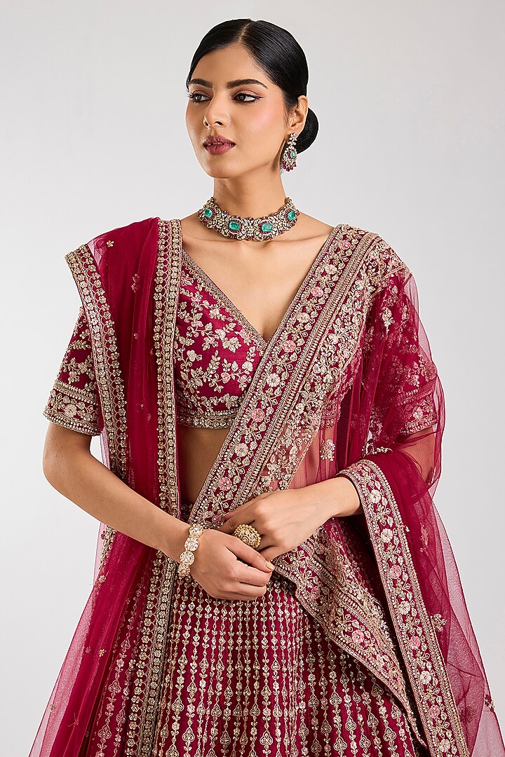 Maroon Raw Silk Zardosi Embellished Bridal Lehenga Set by Kalighata at Pernia's Pop Up Shop