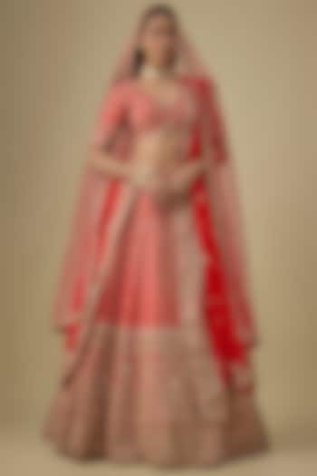 Red Raw Silk Zardosi Embroidered Bridal Lehenga Set by Kalighata at Pernia's Pop Up Shop
