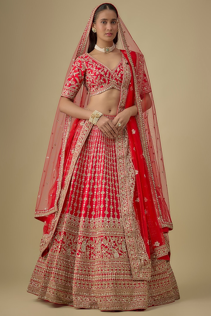 Red Raw Silk Zardosi Embroidered Bridal Lehenga Set by Kalighata at Pernia's Pop Up Shop