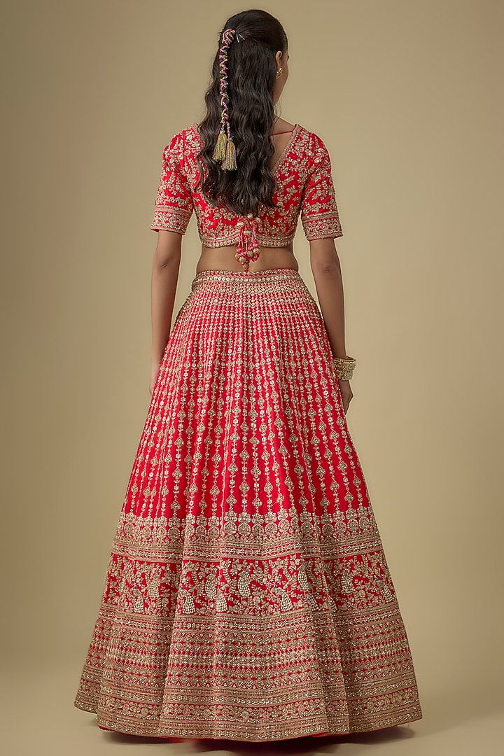 Red Raw Silk Zardosi Embroidered Bridal Lehenga Set by Kalighata at Pernia's Pop Up Shop