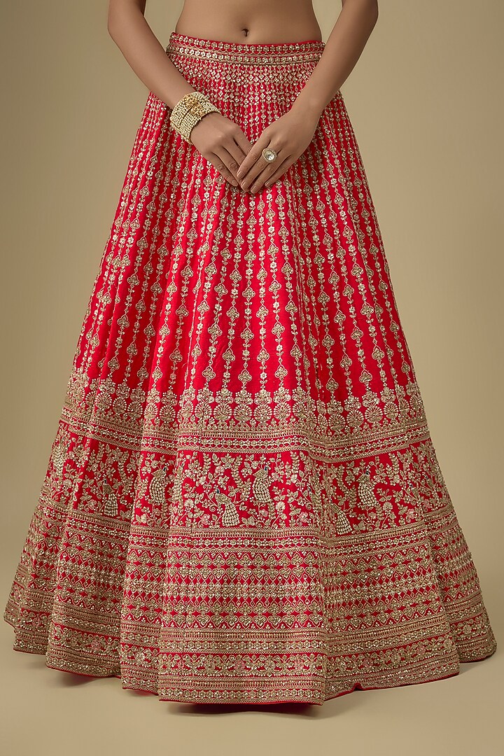 Red Raw Silk Zardosi Embroidered Bridal Lehenga Set by Kalighata at Pernia's Pop Up Shop