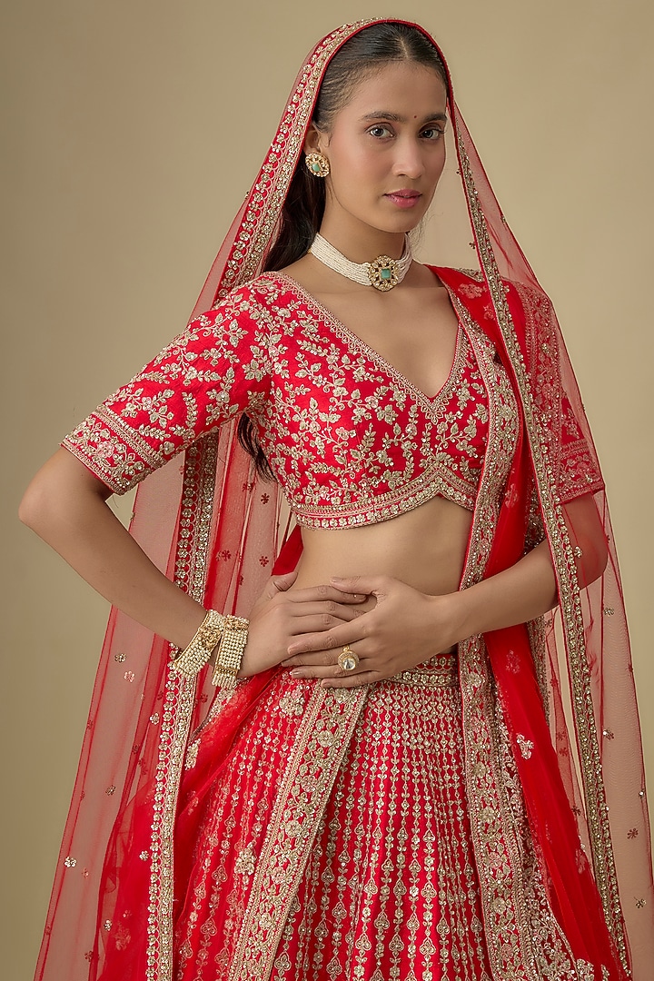 Red Raw Silk Zardosi Embroidered Bridal Lehenga Set by Kalighata at Pernia's Pop Up Shop