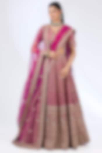 Rani Pink Raw Silk Zardosi Embellished Bridal Lehenga Set by Kalighata at Pernia's Pop Up Shop