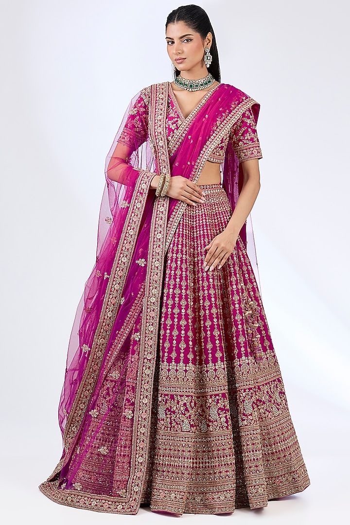 Rani Pink Raw Silk Zardosi Embellished Bridal Lehenga Set by Kalighata at Pernia's Pop Up Shop