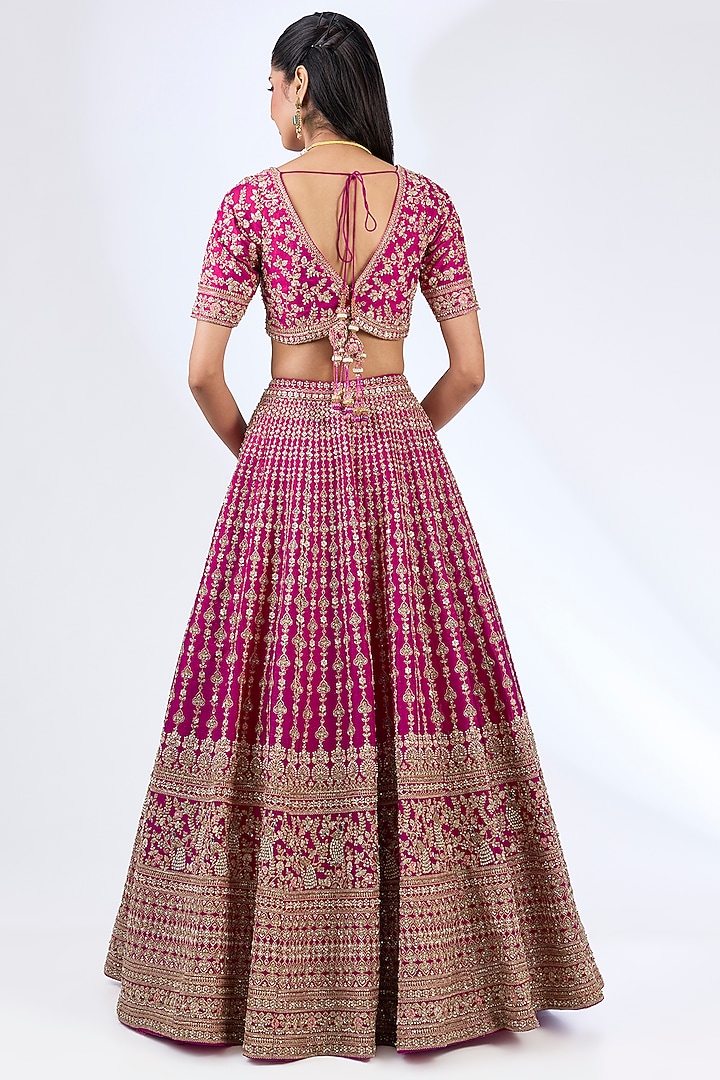 Rani Pink Raw Silk Zardosi Embellished Bridal Lehenga Set by Kalighata at Pernia's Pop Up Shop