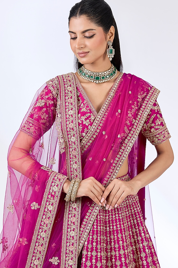 Rani Pink Raw Silk Zardosi Embellished Bridal Lehenga Set by Kalighata at Pernia's Pop Up Shop