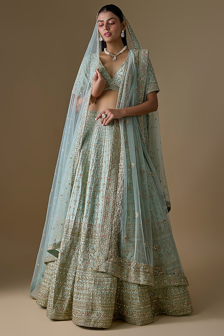 Firoza Raw Silk Zardosi Hand Embroidered Bridal lehenga for 22 Lehenga Set by Kalighata at Pernia's Pop Up Shop