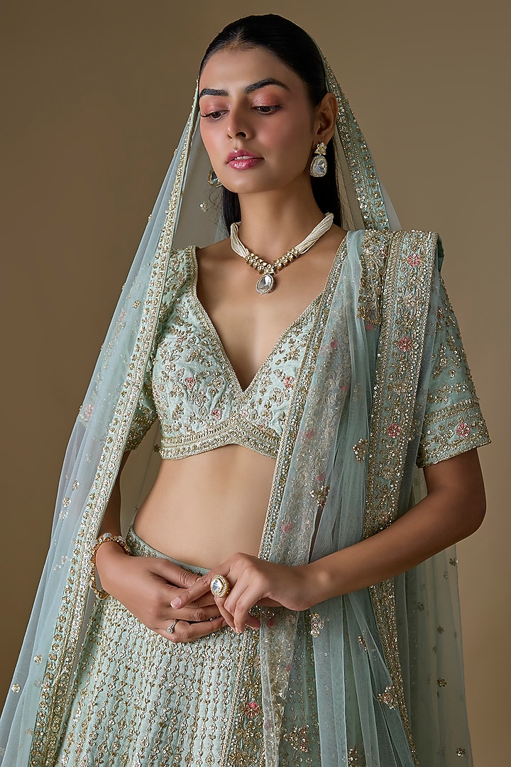 Firoza Raw Silk Zardosi Hand Embroidered Bridal Lehenga Set by Kalighata at Pernia's Pop Up Shop