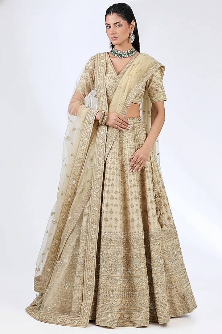 Ivory Raw Silk Zardosi Embellished Bridal Lehenga Set by Kalighata at Pernia's Pop Up Shop