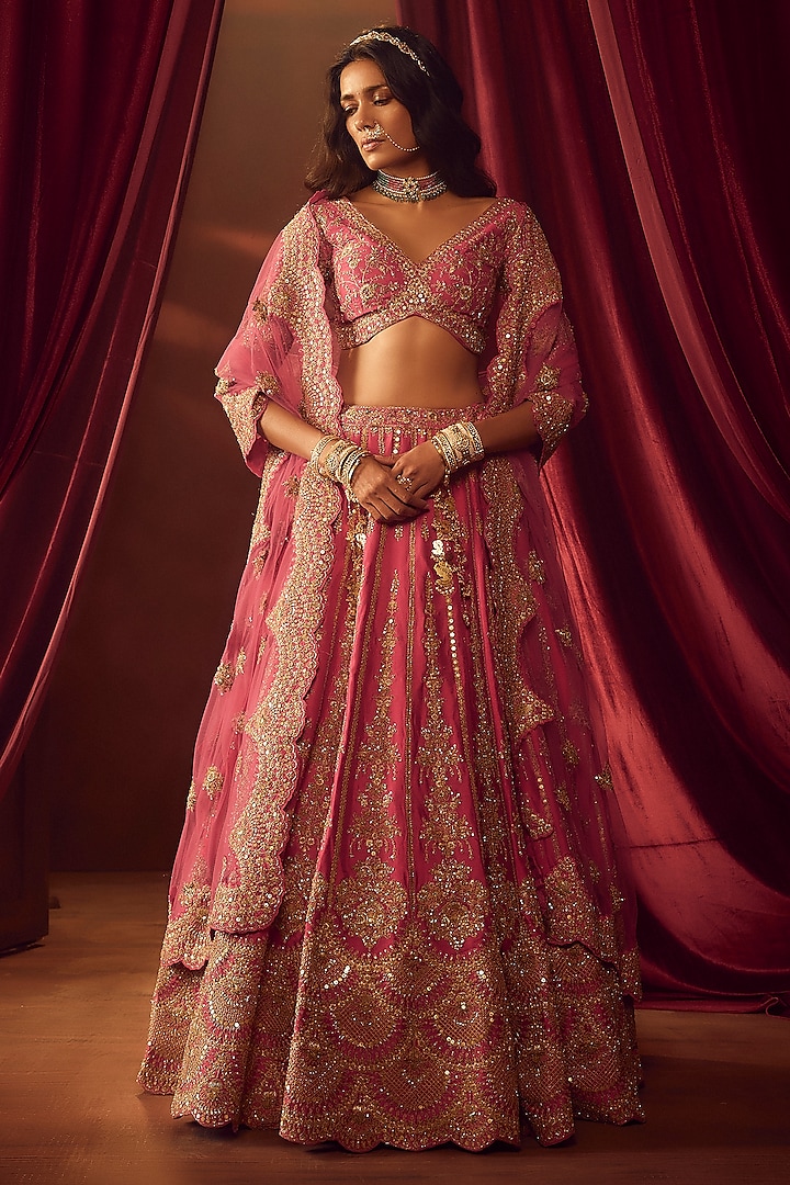 Rani Pink Raw Silk Hand & Machine Embroidered Bridal Lehenga Set by Kalighata at Pernia's Pop Up Shop