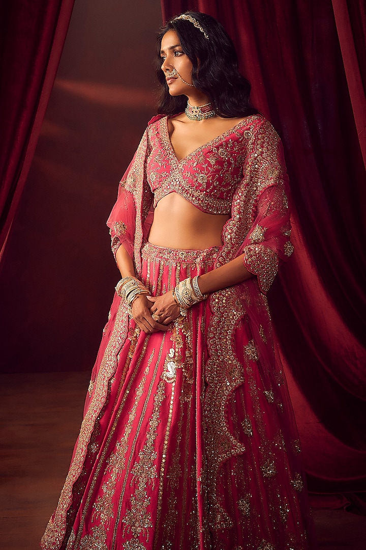 Rani Pink Raw Silk Hand & Machine Embroidered Bridal Lehenga Set by Kalighata at Pernia's Pop Up Shop
