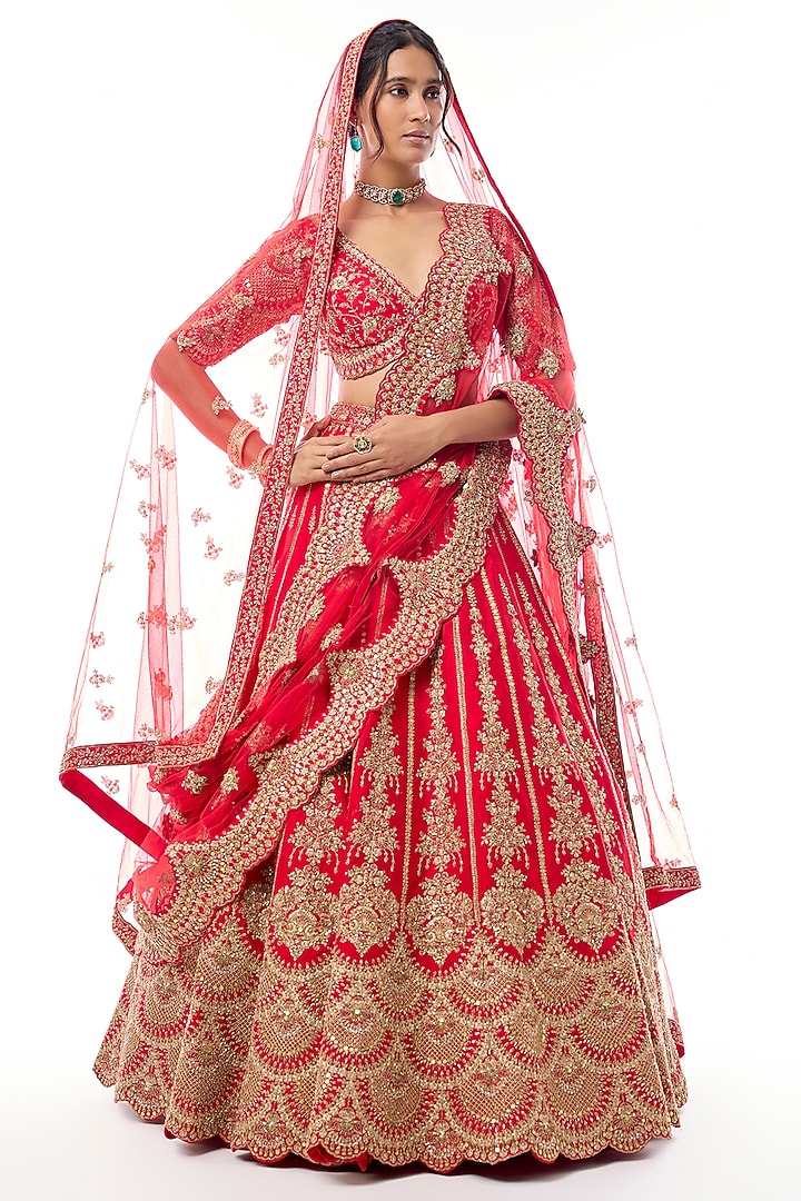Red Raw Silk Zari Hand Embroidered Bridal Lehenga Set by Kalighata at Pernia's Pop Up Shop