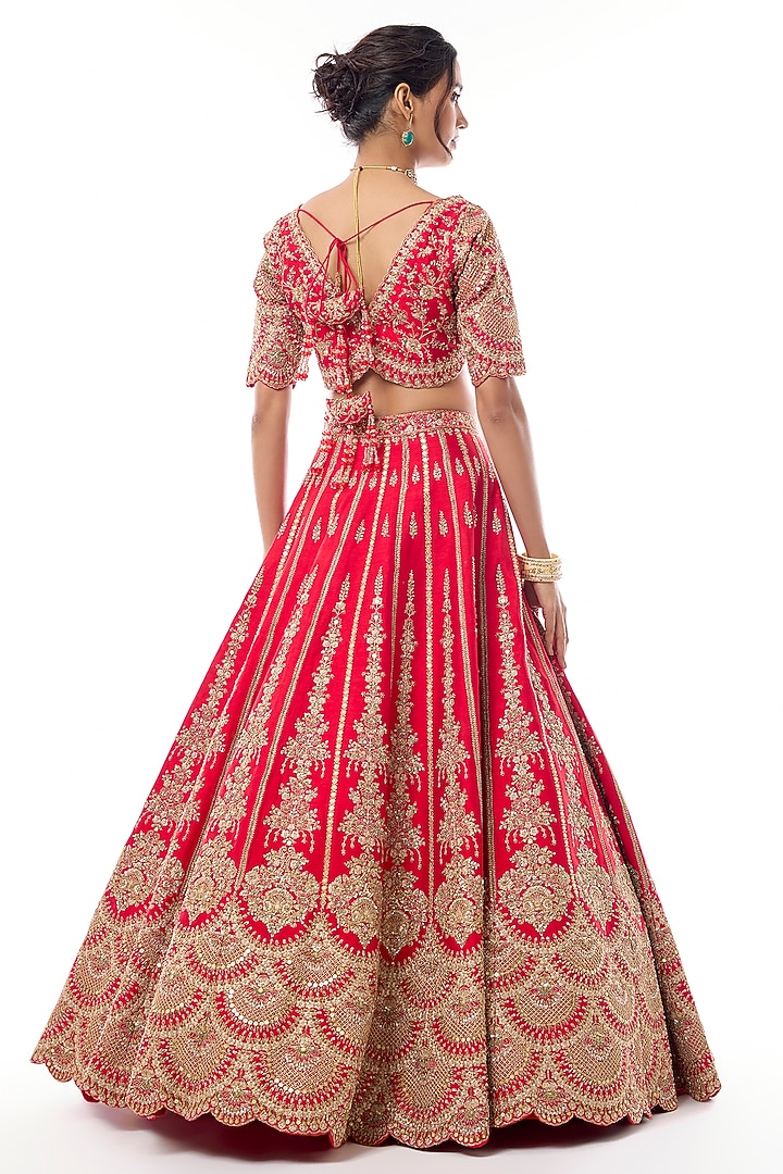 Red Raw Silk Zari Hand Embroidered Bridal Lehenga Set by Kalighata at Pernia's Pop Up Shop