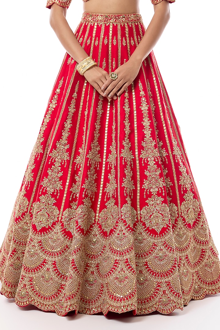 Red Raw Silk Zari Hand Embroidered Bridal Lehenga Set by Kalighata at Pernia's Pop Up Shop