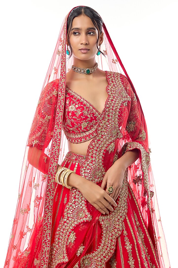Red Raw Silk Zari Hand Embroidered Bridal Lehenga Set by Kalighata at Pernia's Pop Up Shop