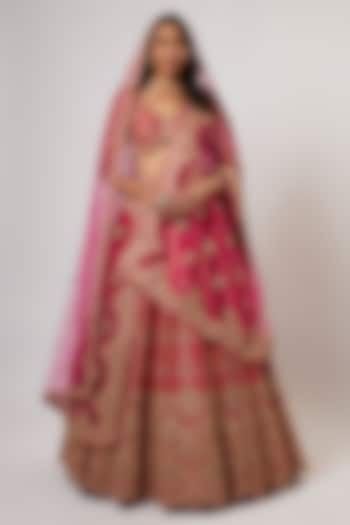 Rani Pink Raw Silk Hand & Machine Embroidered Bridal Lehenga Set by Kalighata at Pernia's Pop Up Shop