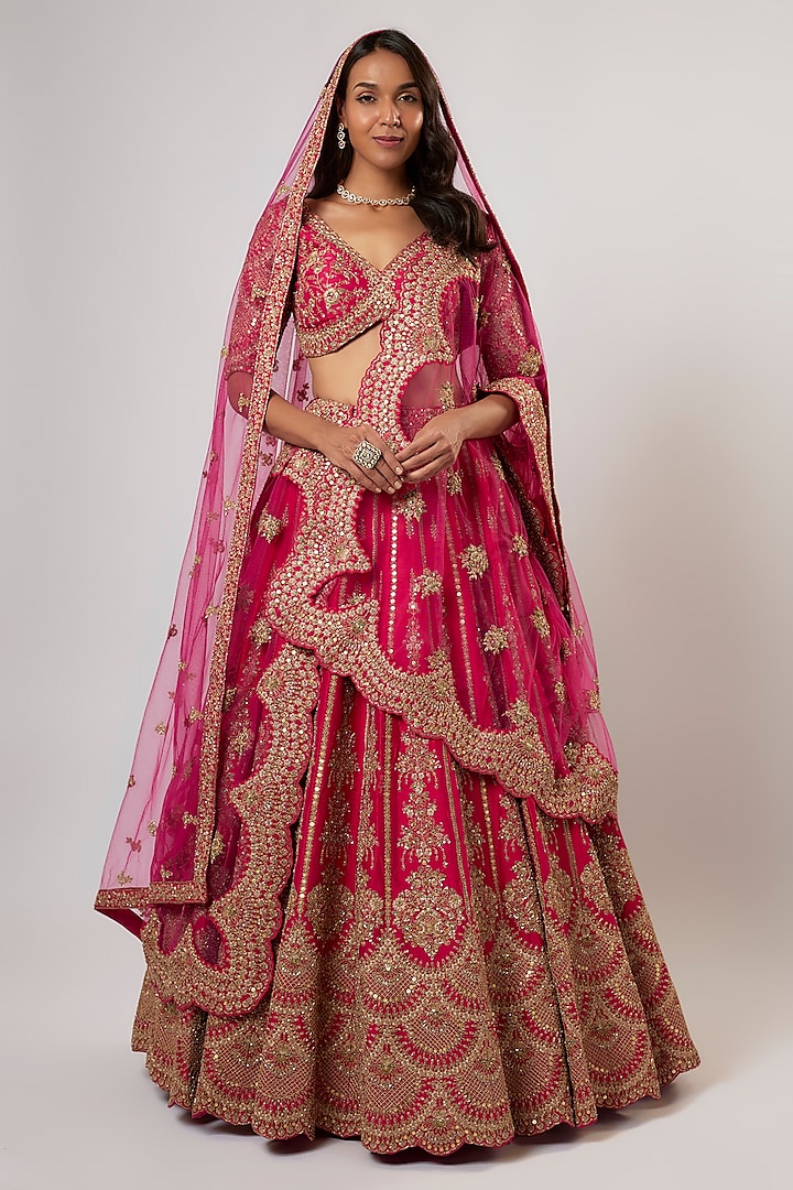 Rani Pink Raw Silk Hand & Machine Embroidered Bridal Lehenga Set by Kalighata at Pernia's Pop Up Shop