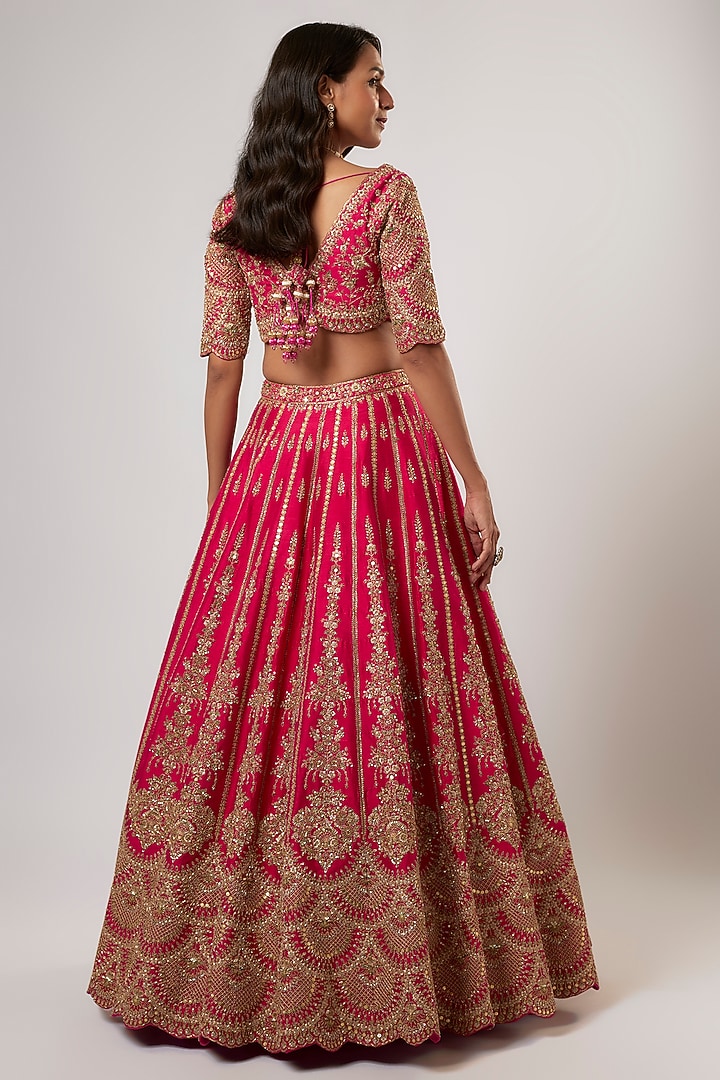 Rani Pink Raw Silk Hand & Machine Embroidered Bridal Lehenga Set by Kalighata at Pernia's Pop Up Shop