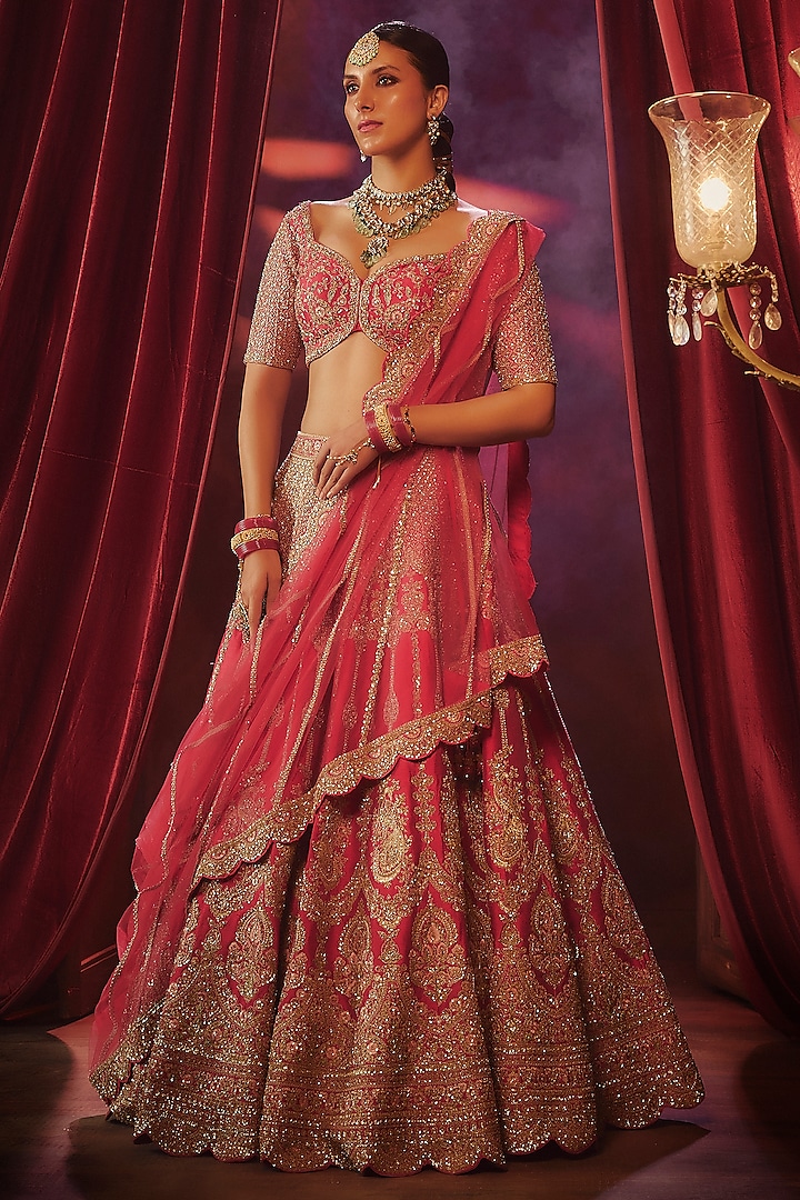 Rani Pink Raw Silk Hand & Machine Embroidered Bridal Lehenga Set by Kalighata at Pernia's Pop Up Shop