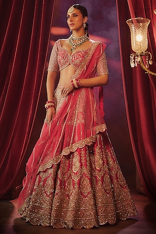 Rani Pink Raw Silk Hand & Machine Embroidered Lehenga Set by Kalighata