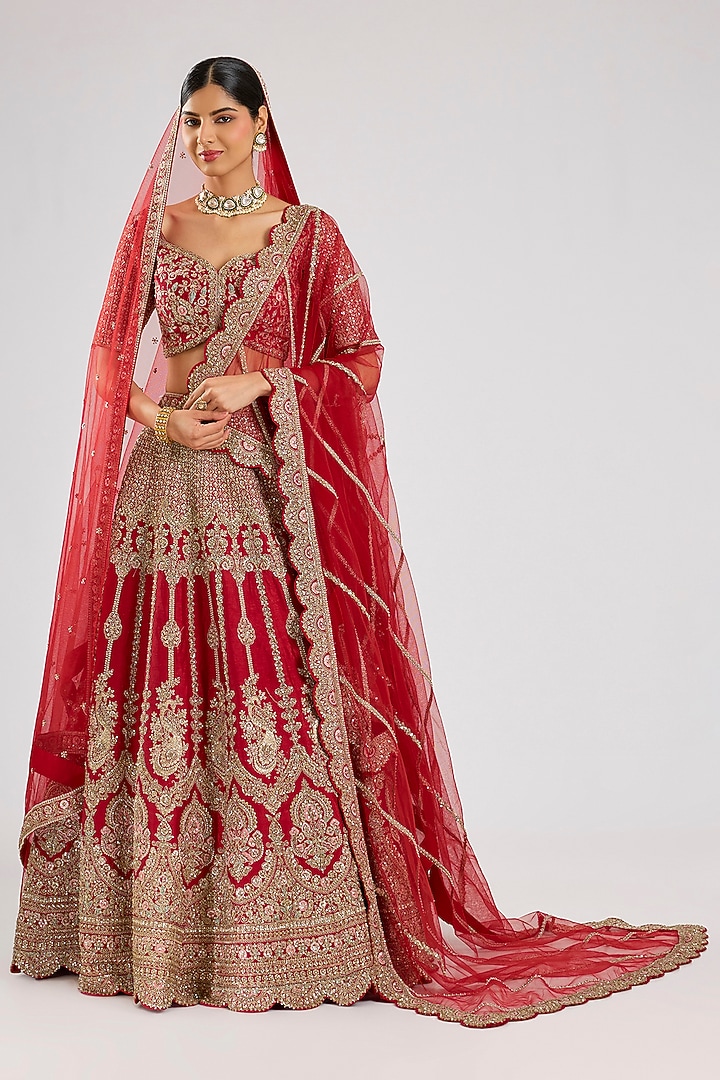 Red Raw Silk Embroidered Bridal Lehenga Set by Kalighata at Pernia's Pop Up Shop