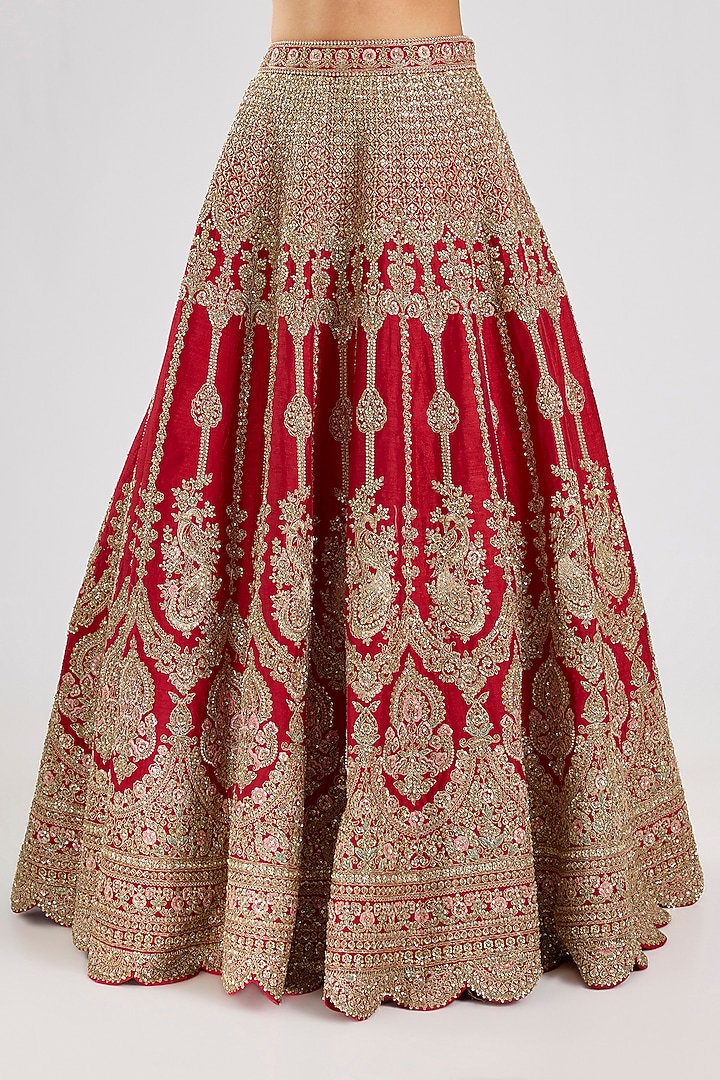Red Raw Silk Embroidered Bridal Lehenga Set by Kalighata at Pernia's Pop Up Shop
