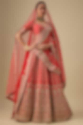 Red Raw Silk Zardosi Embroidered Bridal Lehenga Set by Kalighata at Pernia's Pop Up Shop