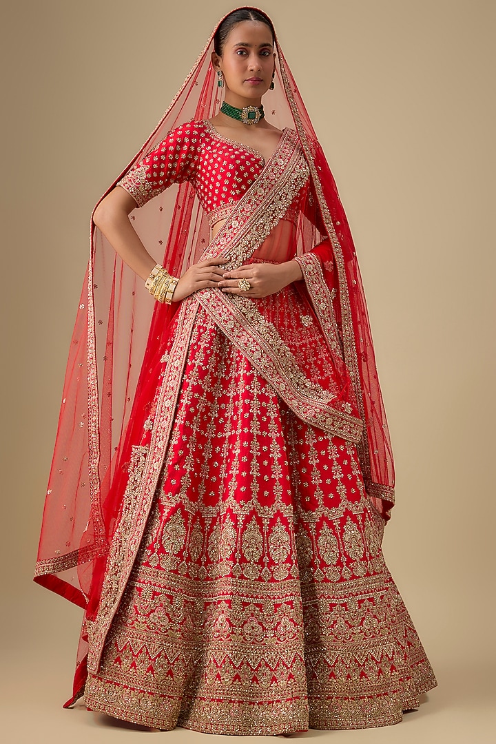 Red Raw Silk Zardosi Embroidered Bridal Lehenga Set by Kalighata at Pernia's Pop Up Shop