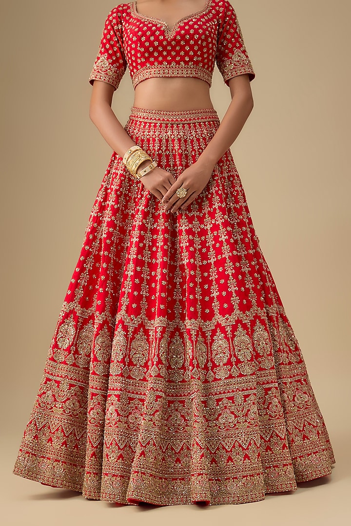 Red Raw Silk Zardosi Embroidered Bridal Lehenga Set by Kalighata at Pernia's Pop Up Shop